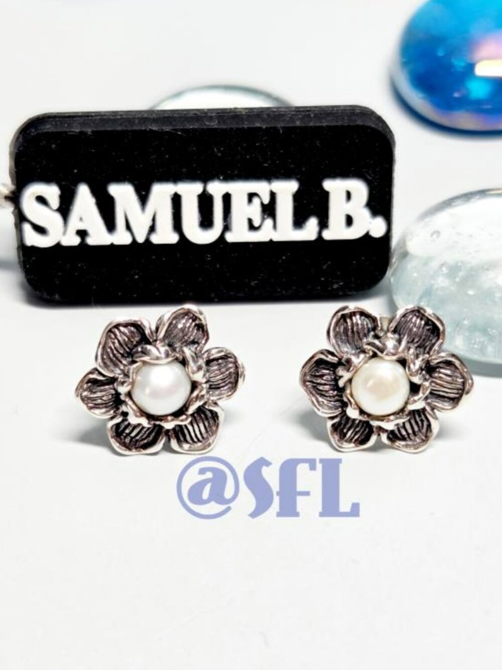 Samuel B Sterling Silver Stud Earrings Flower With Pearl Oxidize Cottagecore